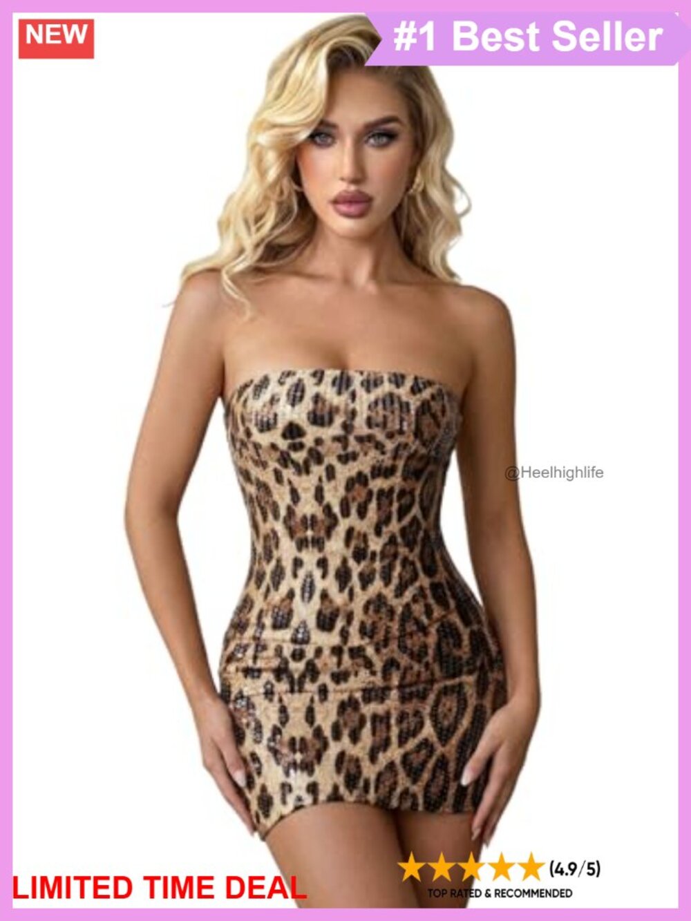 Glitter Sequin Leopard Print Strapless Bodycon Mini Dress